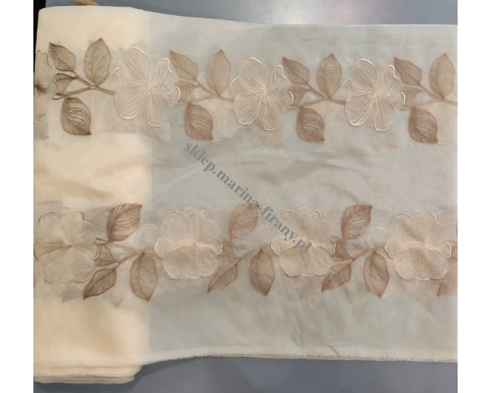 Organtyna I35838 beżowa z haftem w kolorze brązowo - beżowym - szer 140 cm wyprzedaż