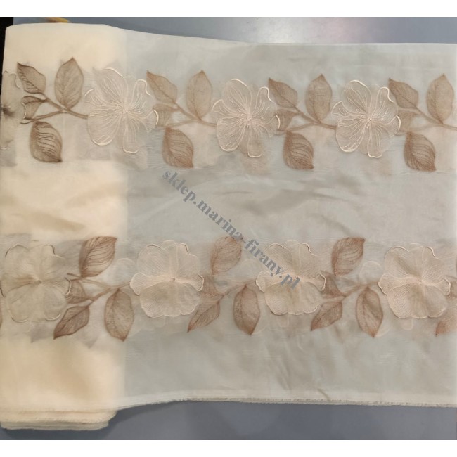 Organtyna I35838 beżowa z haftem w kolorze brązowo - beżowym - szer 140 cm wyprzedaż